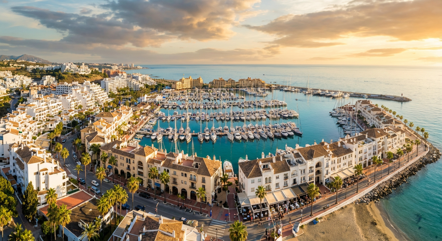 Aerial view of Benalmadena marina with yachts and Mediterranean coastline, Costa del Sol, Spain
