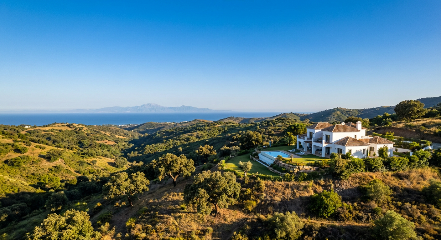 Green Andalusian hillside landscape with luxury villa and Mediterranean sea views near Selwo, Costa del Sol, Spain