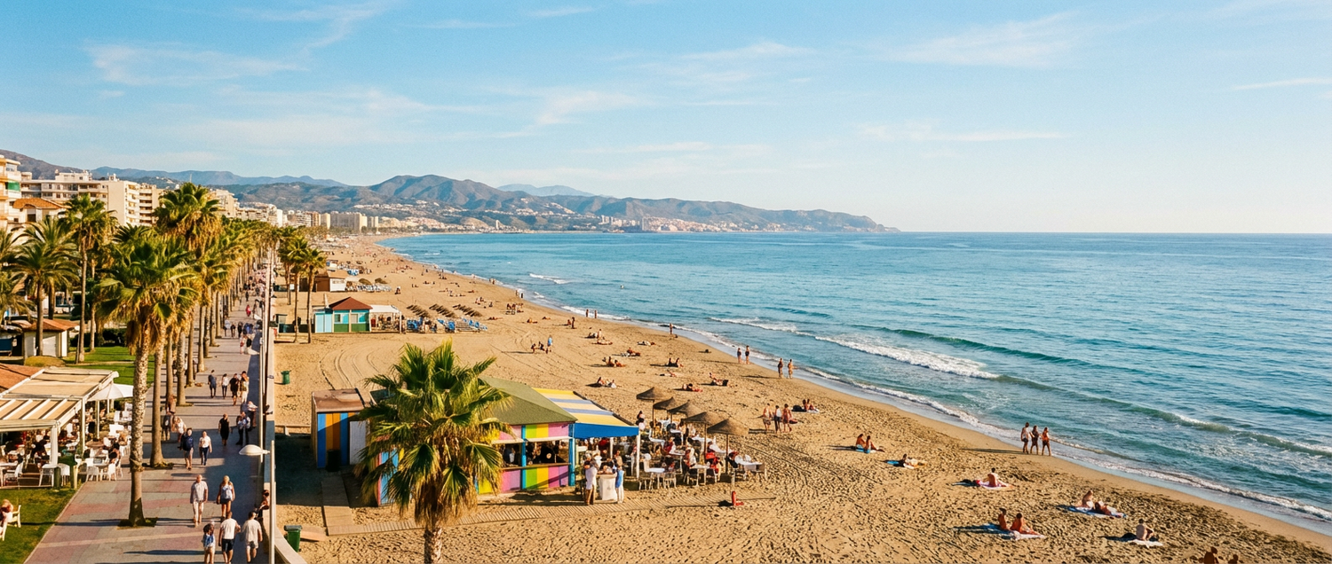 Torremolinos beachfront promenade and golden sandy beaches, Costa del Sol, Spain